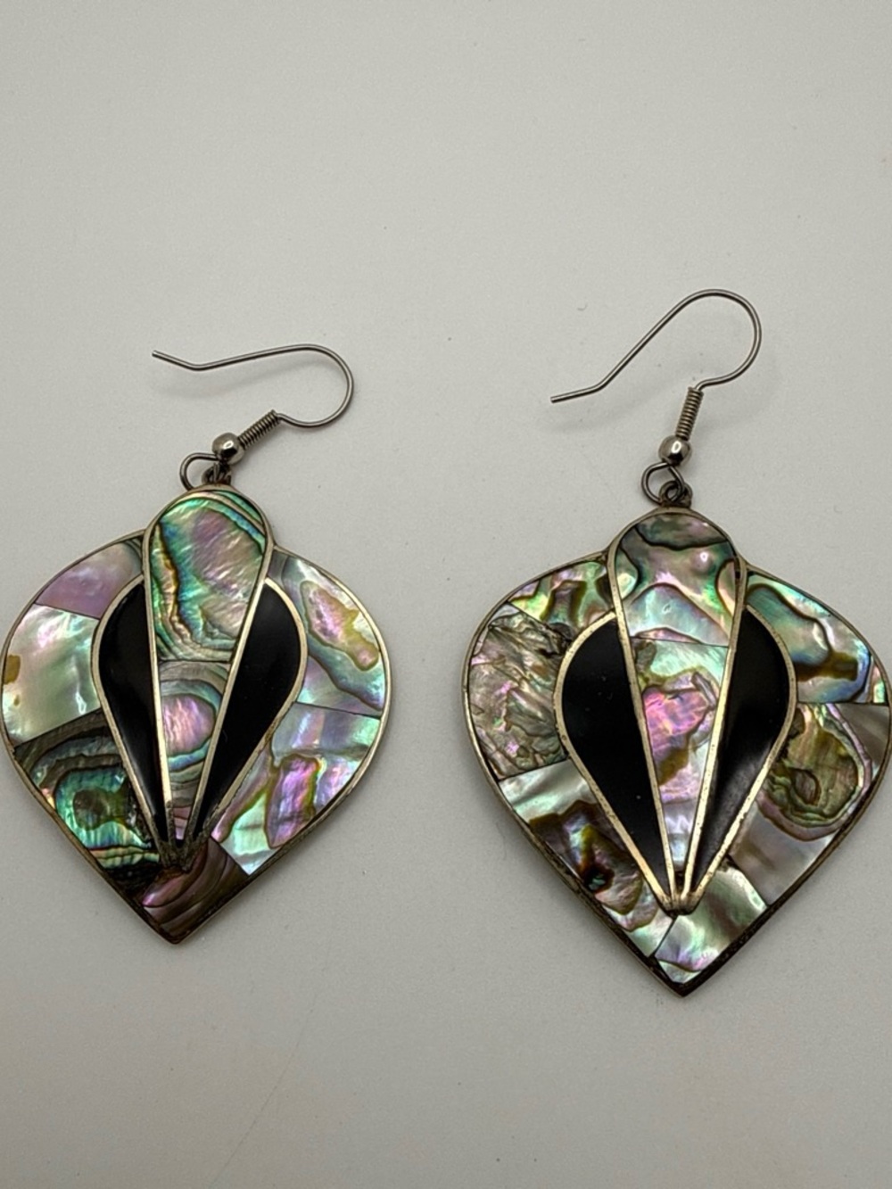 Vintage Abalone Shell Heart Drop Earrings with Black Inlay